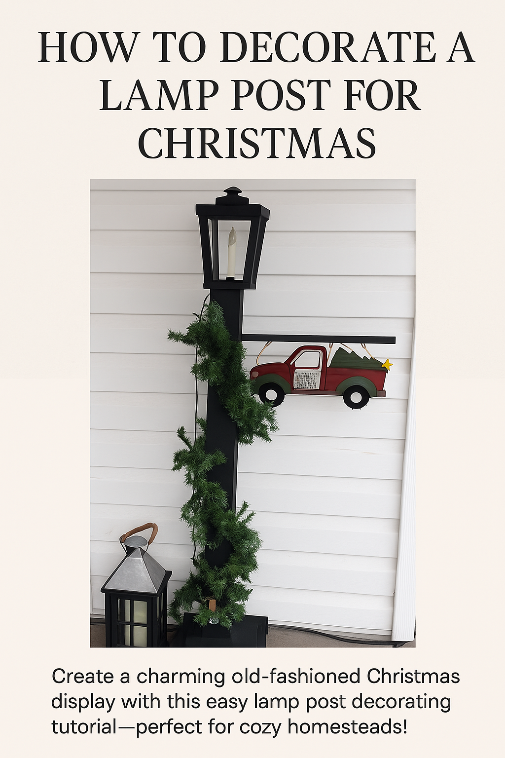Black lamp post with garland, red truck ornament, and metal lantern at base, with text promoting a Christmas decorating tutorial for homesteads.