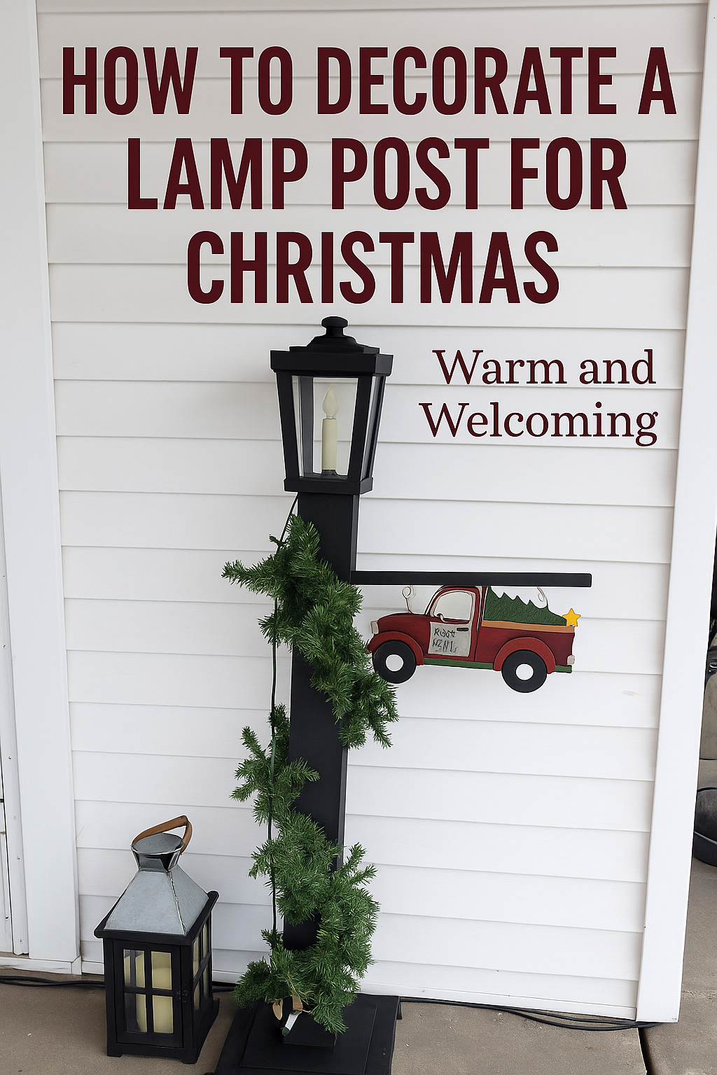 Black Christmas lamp post with garland and red truck ornament, metal lantern at base, and text saying “How to Decorate a Lamp Post for Christmas – Warm and Welcoming.”