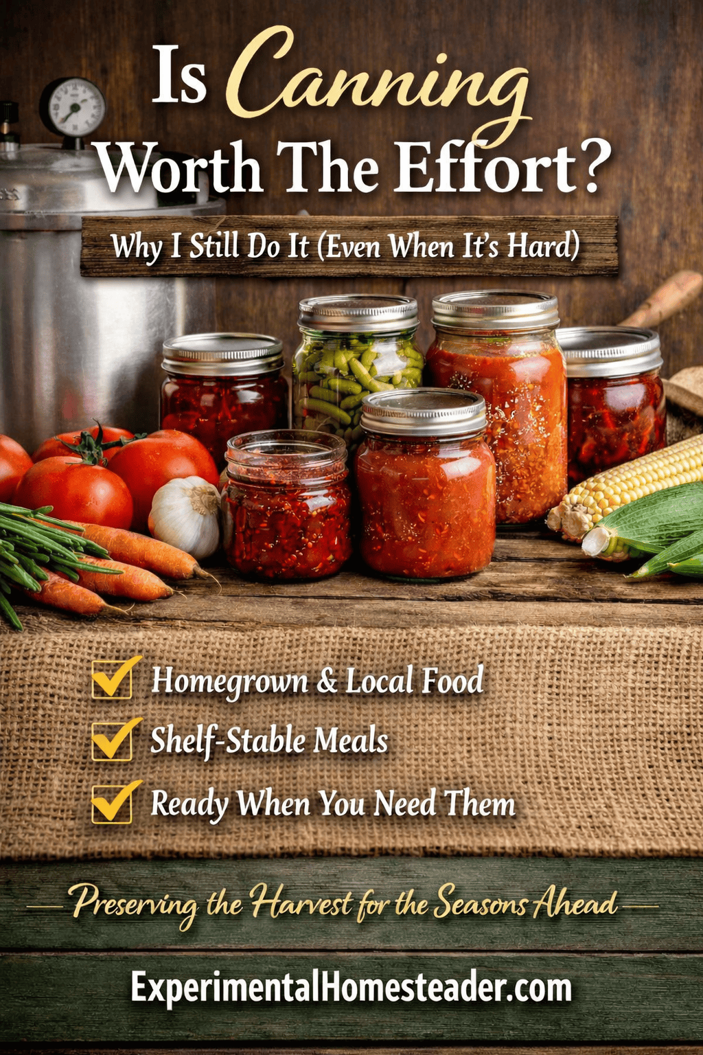 Rustic kitchen scene with jars of home-canned food including tomato sauce, green beans, jam, and pickled vegetables arranged on a wooden table with fresh garden produce, illustrating the question