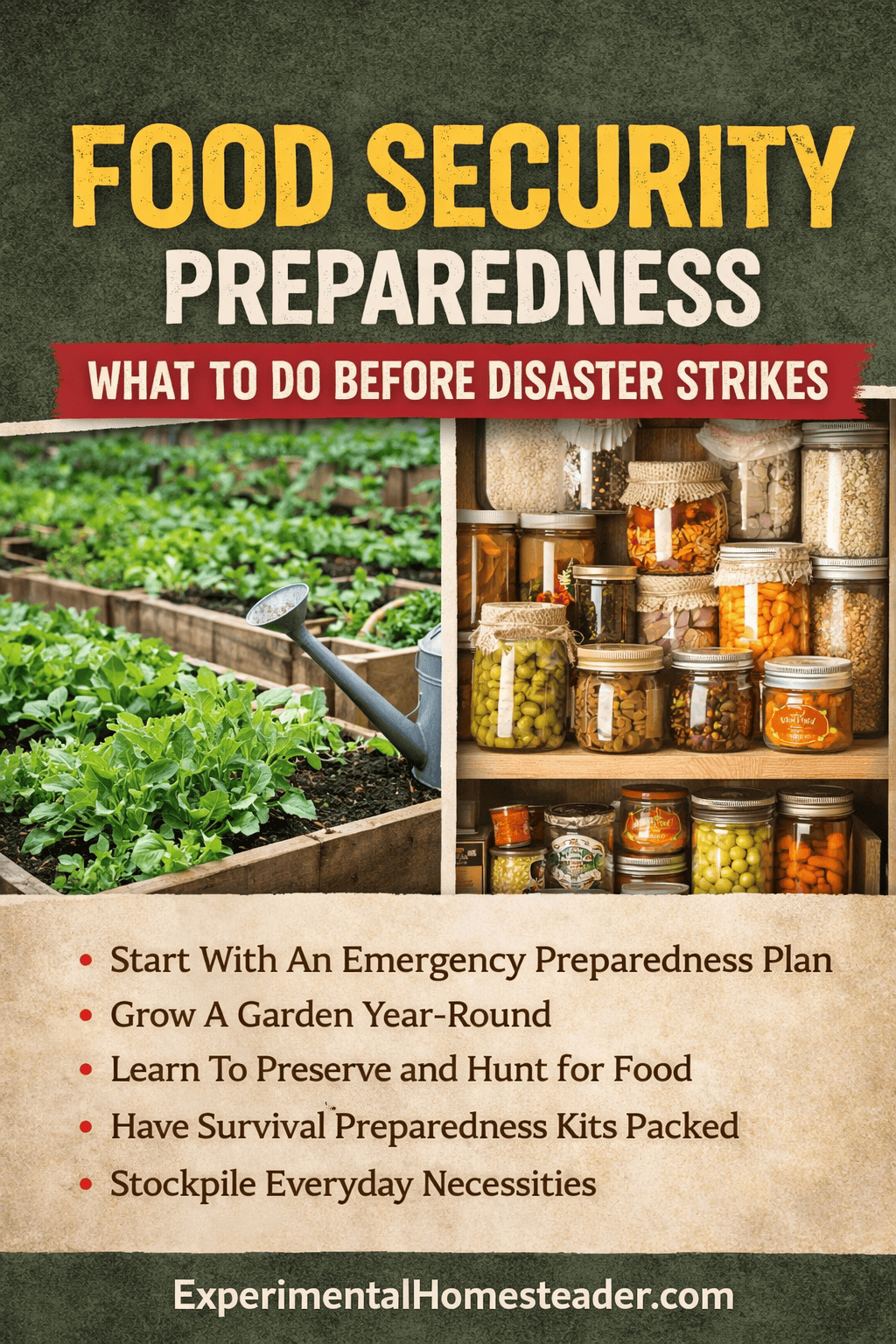 Food security preparedness guide showing a home garden and pantry storage with tips on what to do before disaster strikes.