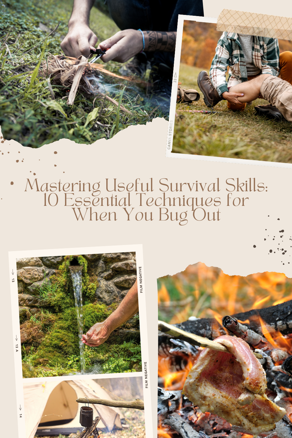Various images of survival scenarios such as finding clean water, starting a fire, cooking over an open fire, applying basic first aid, etc.