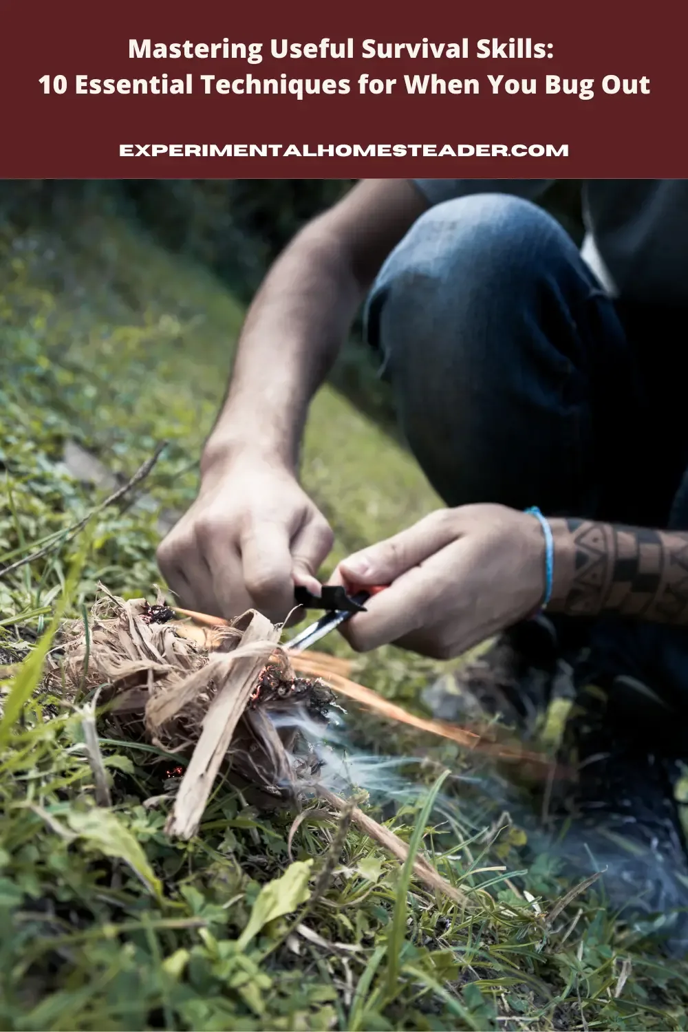 Someone starting a fire from scratch outdoors during a survival scenario.