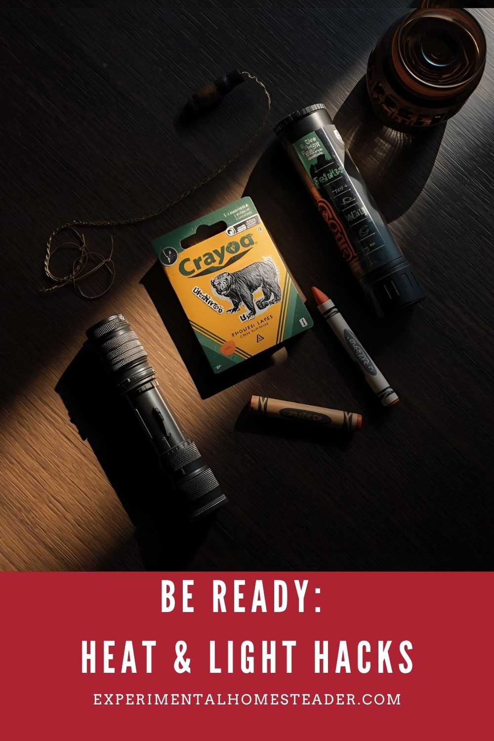 Flashlight, crayons, and supplies laid out as last-resort emergency light hacks.