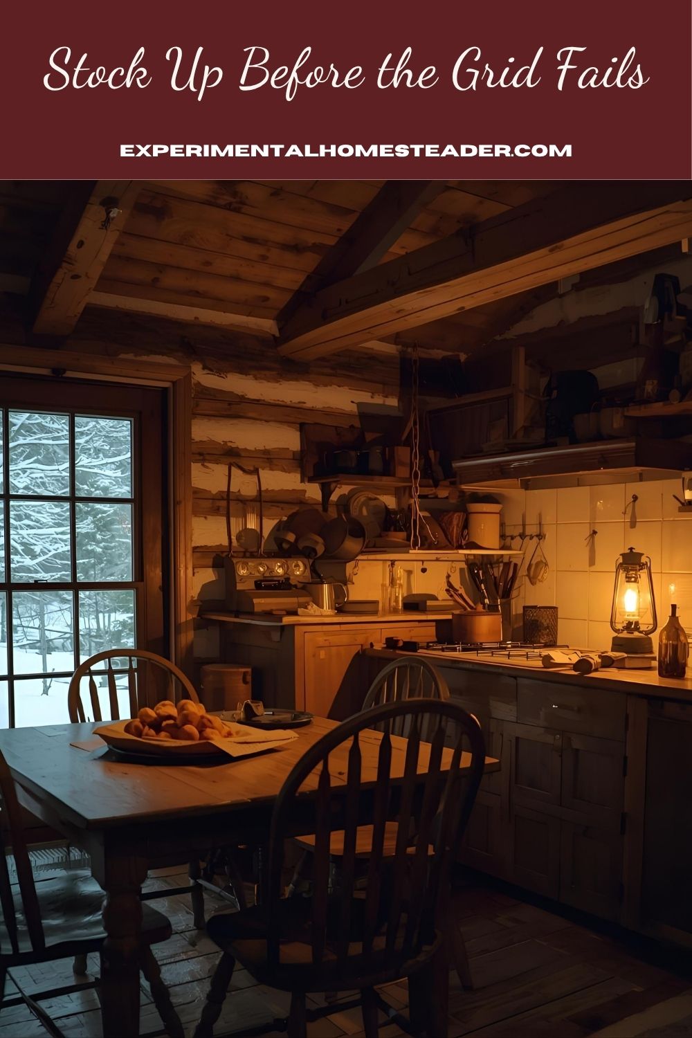 Rustic log cabin kitchen warmly lit by a kerosene lamp during a winter power outage.