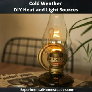 Antique kerosene lamp glowing on a rustic table, symbolizing cold weather DIY heat and light sources.