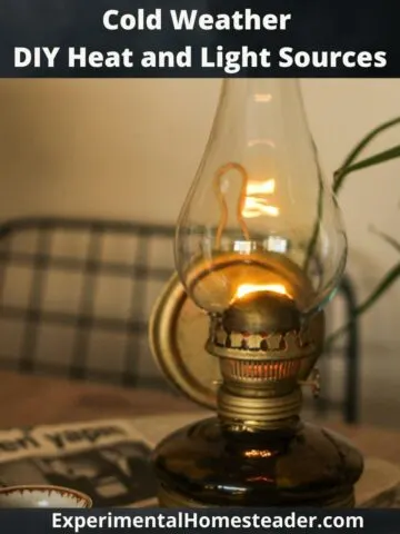 Antique kerosene lamp glowing on a rustic table, symbolizing cold weather DIY heat and light sources.