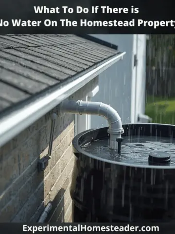Rainwater collection system on a homestead roof with a black barrel catching rainwater from gutters.