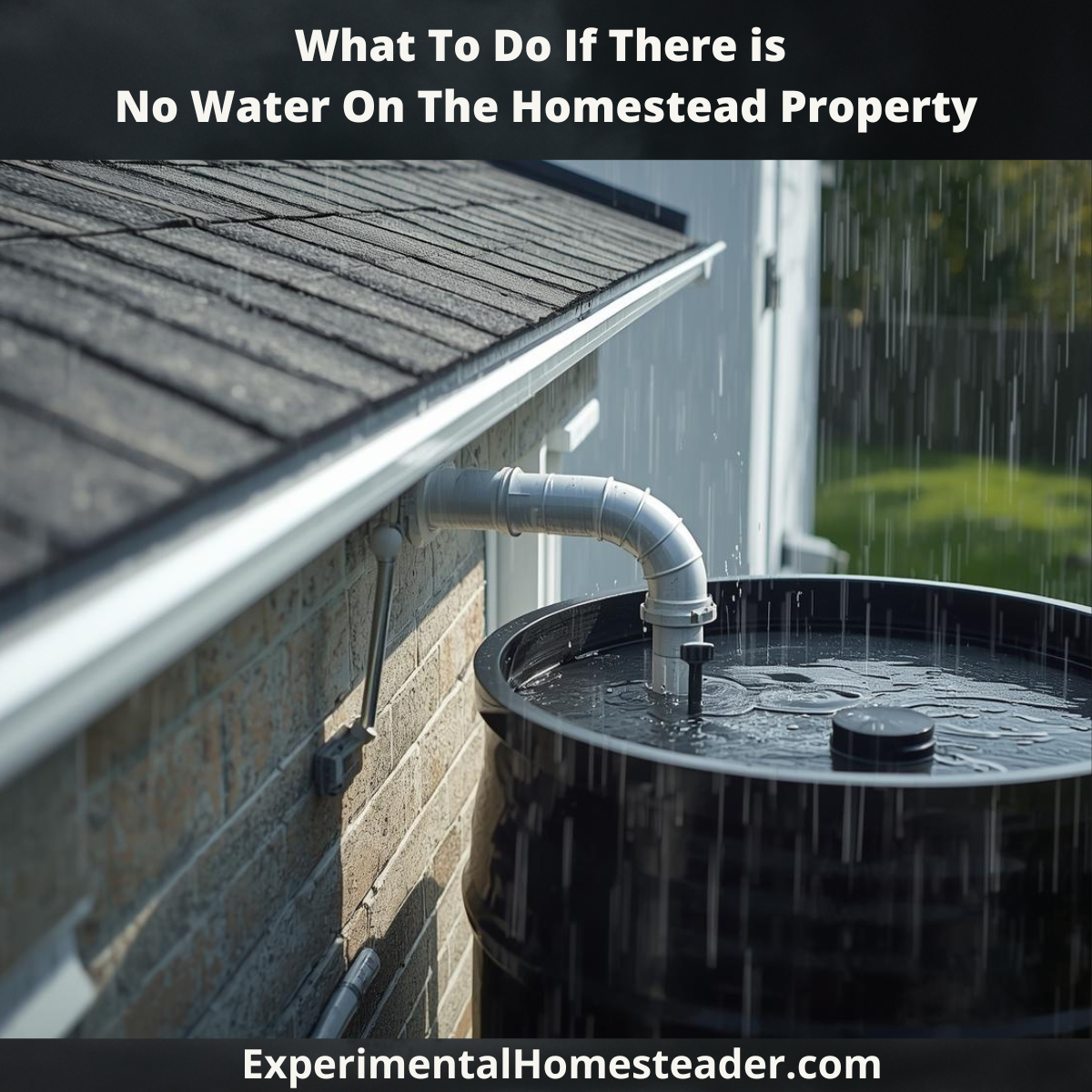 Rainwater collection system on a homestead roof with a black barrel catching rainwater from gutters.