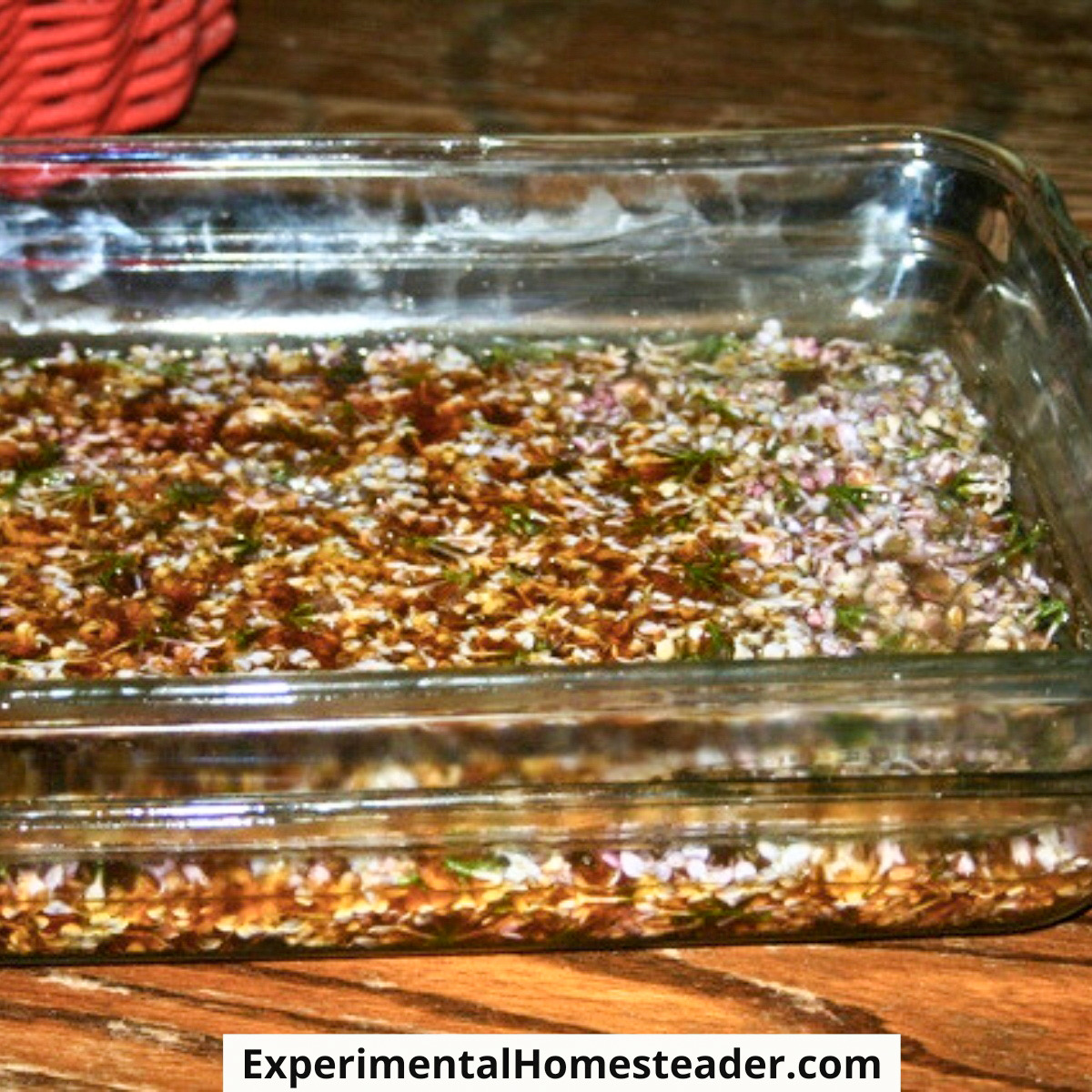 Lilac flowers steeping in melted cocoa butter inside a glass dish.