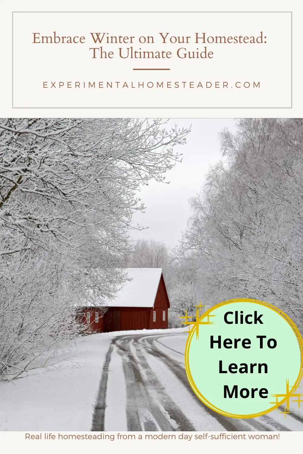 A barn in the snow and a road well traveled with tire tracks in the snow.