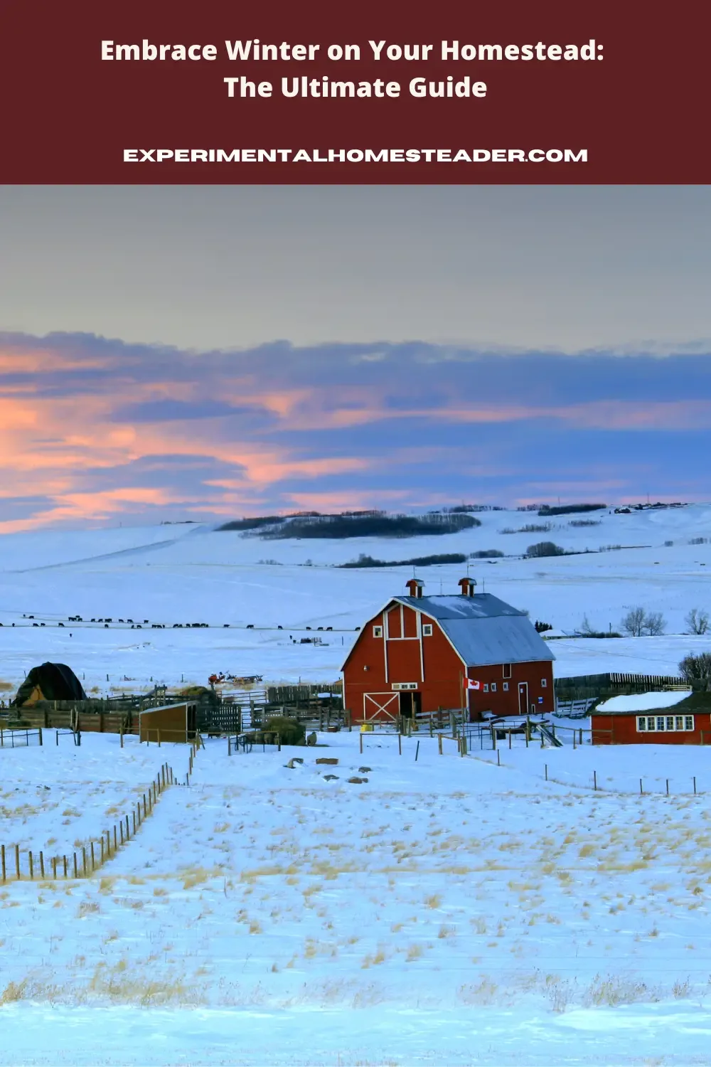 A barn and home in the snow.