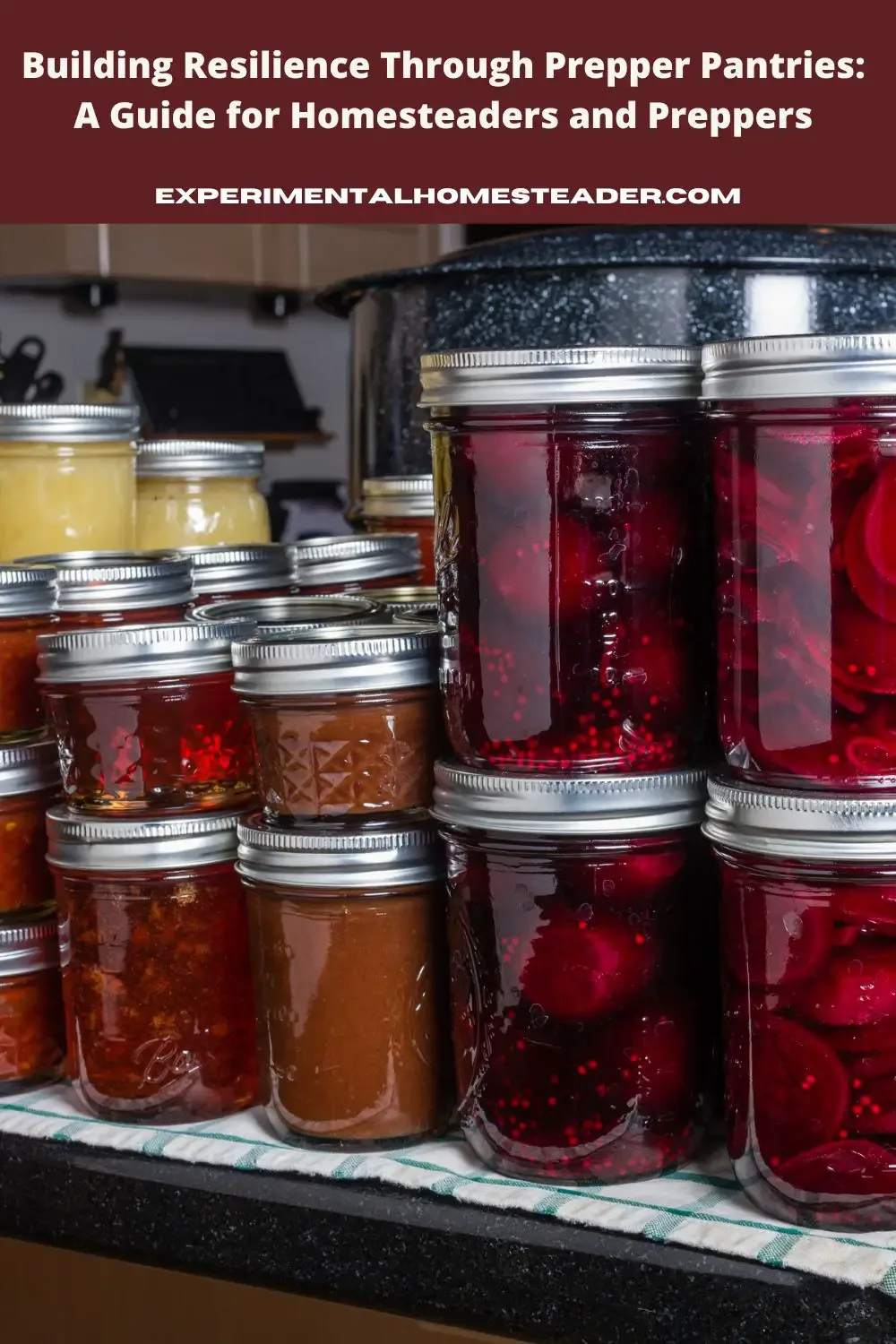 Jars of home canned food on a shelf.