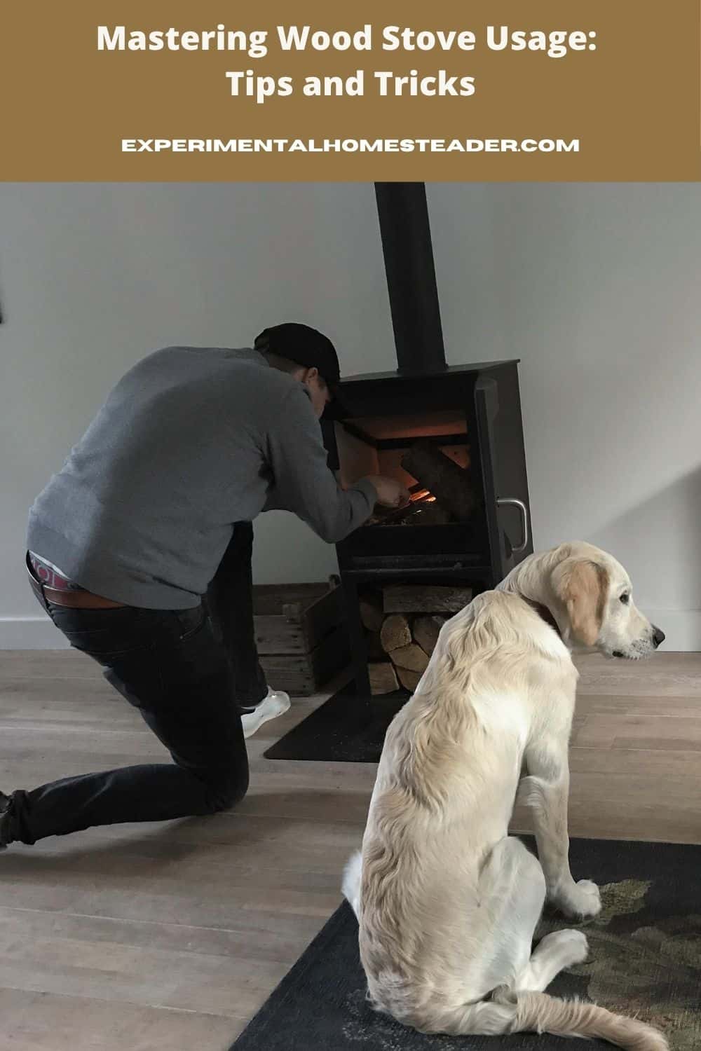 Man lighting a modern wood stove while a yellow Labrador sits nearby watching attentively.