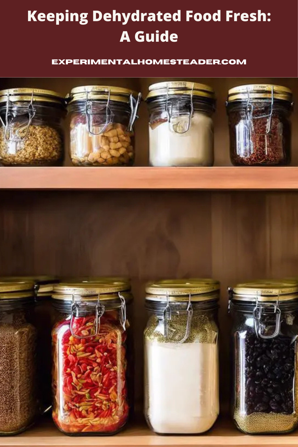 Dried food in glass jars on a shelf.