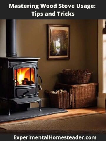 Black cast iron wood stove burning brightly in a cozy living room with wicker baskets and stacked firewood.