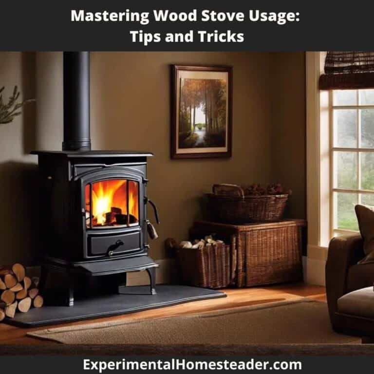 Black cast iron wood stove burning brightly in a cozy living room with wicker baskets and stacked firewood.