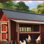 Chickens in front of a chicken coop.
