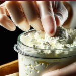 Homemade cottage cheese in a mason jar with someone using their fingers to press it down into the container.