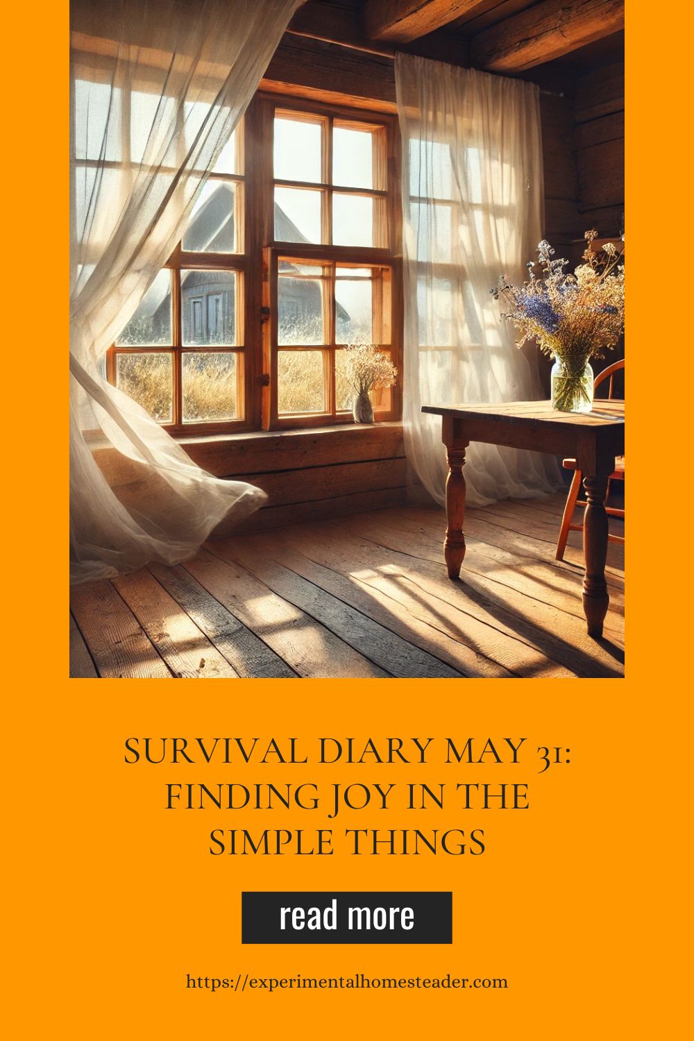 A farmhouse interior with large open windows, a wooden table, and wildflowers in a vase.