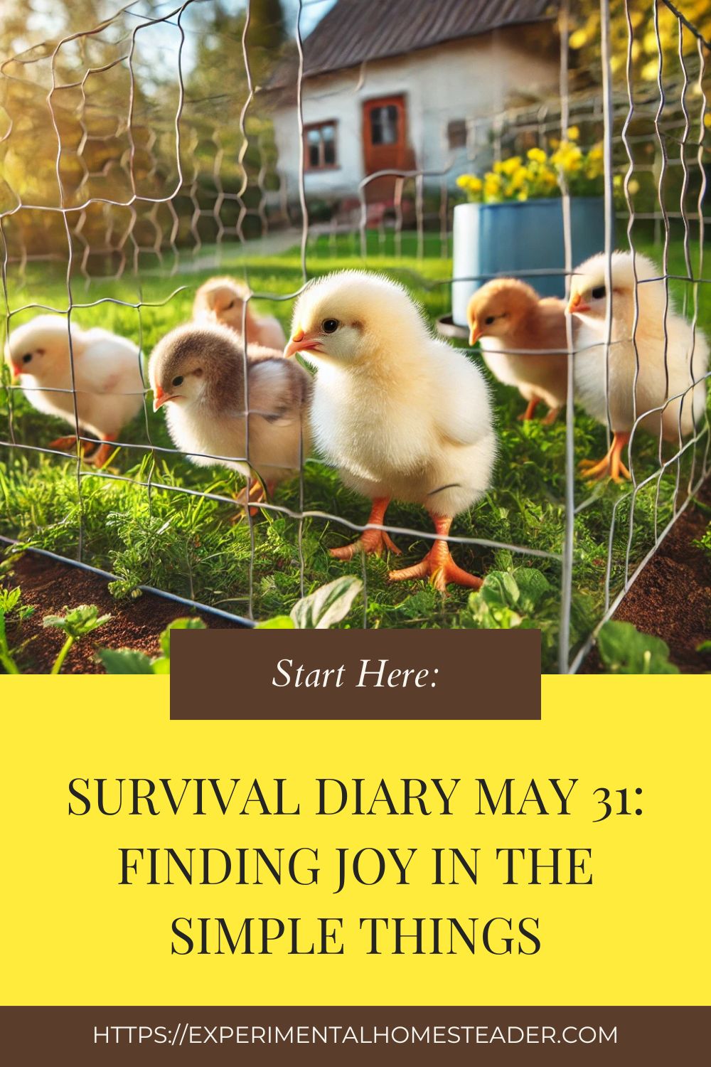 A small outdoor chicken enclosure with young chicks pecking at the grass under the sun.