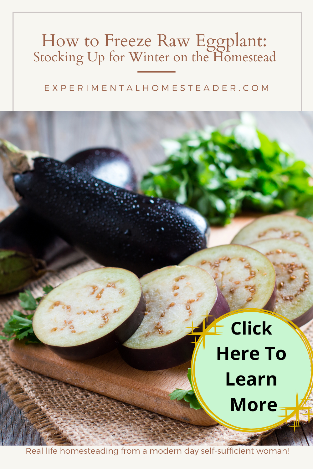 A whole eggplant in the background with eggplant slices on a cutting board in front.