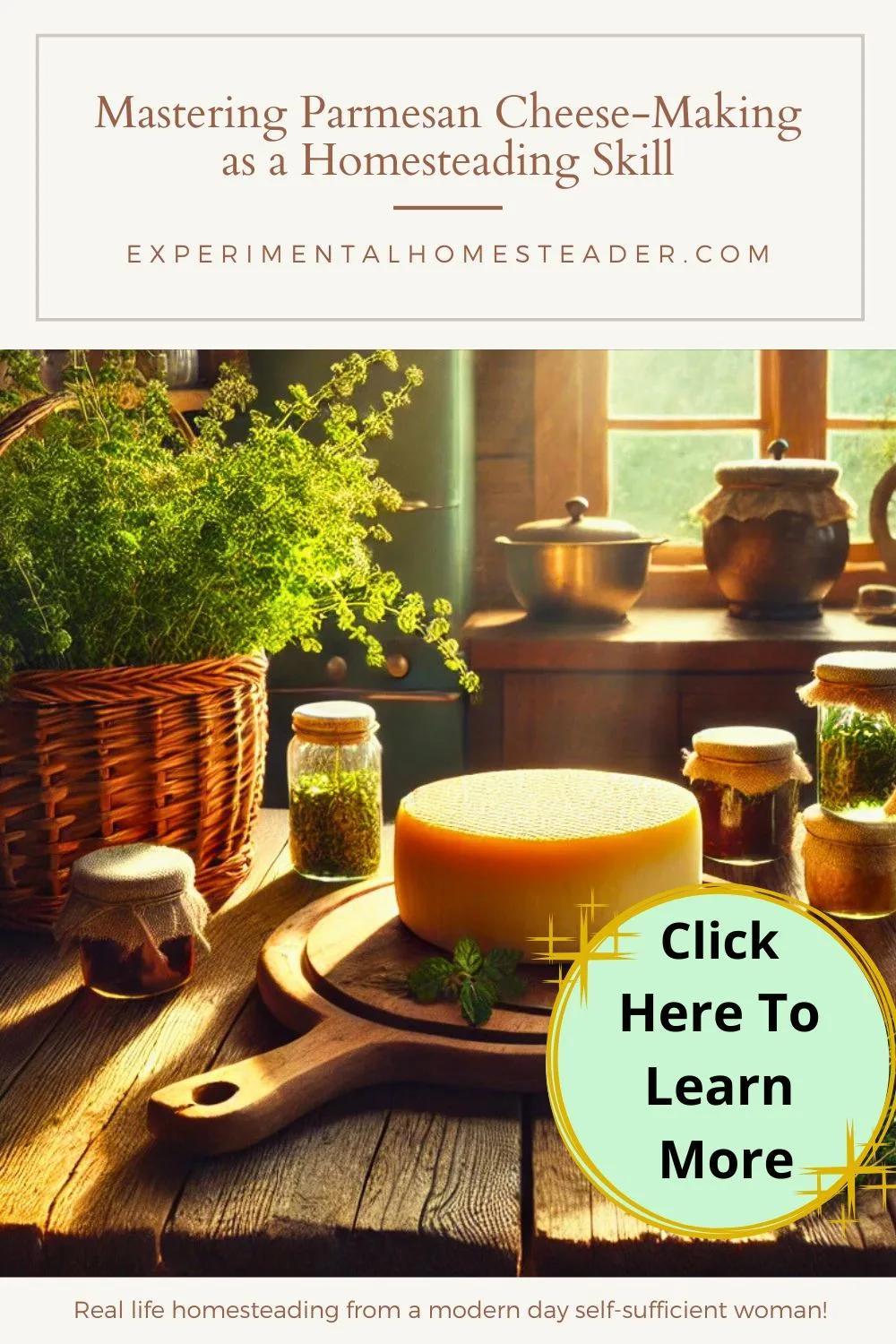 A rustic homestead kitchen table with a wheel of Parmesan cheese resting on a wooden board, surrounded by a basket of fresh herbs and jars of preserves. Sunlight filters through a nearby window, illuminating the warm wood tones and the scene’s tranquil charm.