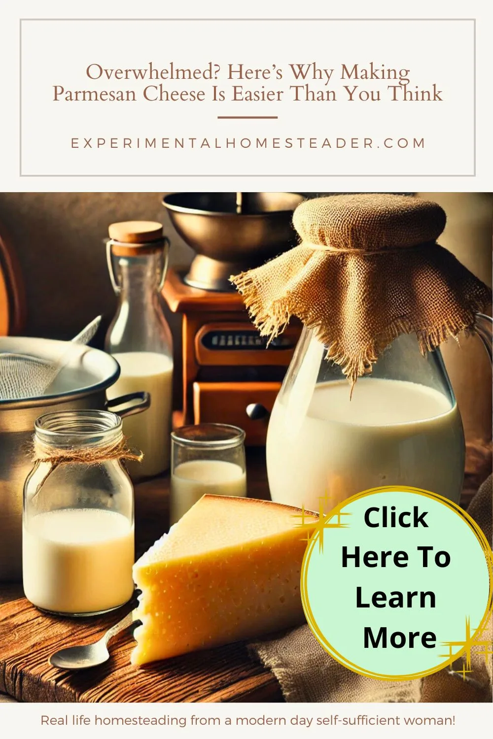 A rustic kitchen scene featuring a wooden countertop with milk in a jug, cheesecloth, a thermometer, and a wedge of Parmesan cheese. Warm natural light enhances the cozy homesteading atmosphere.