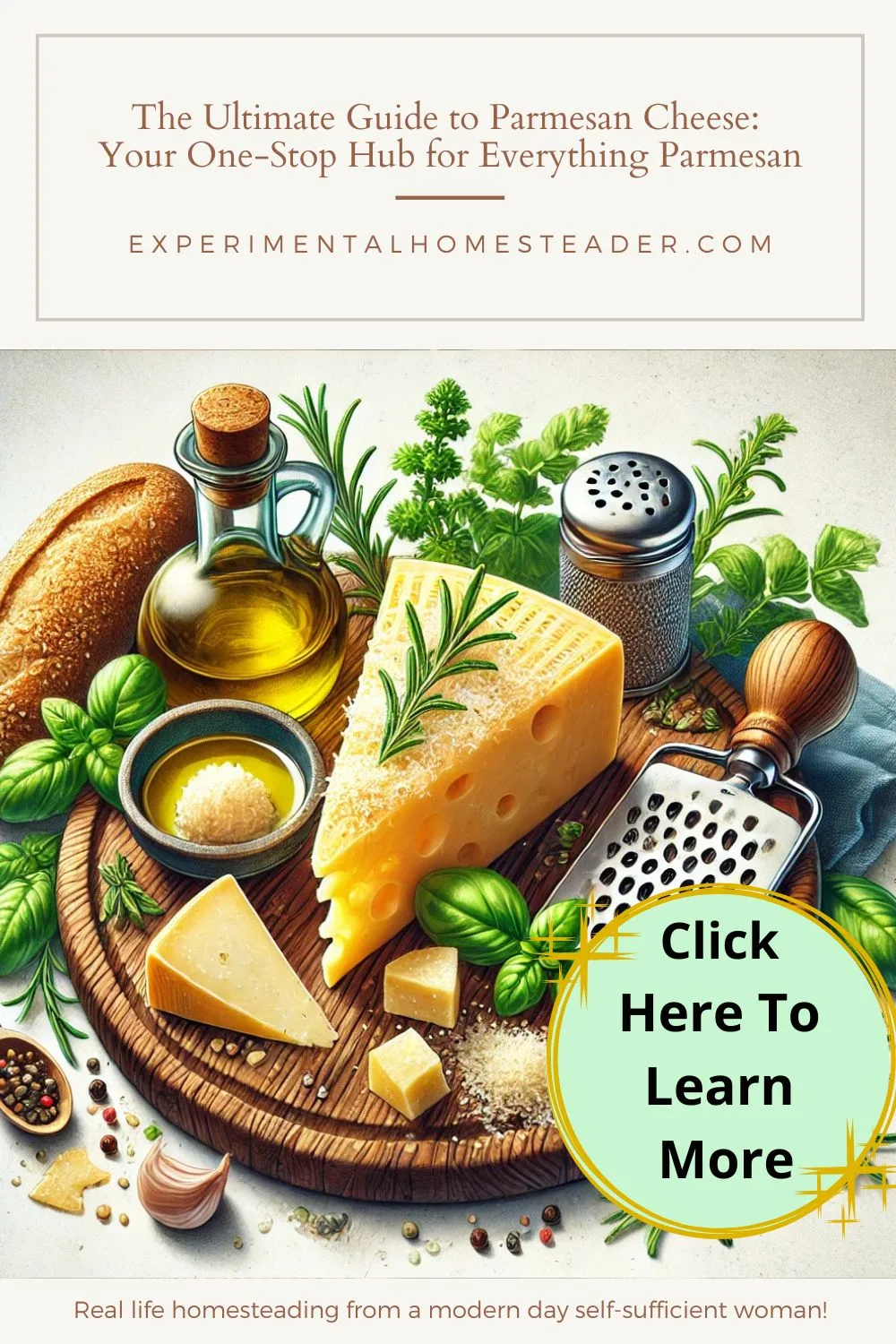 A rustic wooden board featuring a wedge of Parmesan cheese, cheese grater, and shavings, surrounded by fresh basil and rosemary. In the background, a small bottle of olive oil and a loaf of bread complete the homestead-inspired culinary scene.