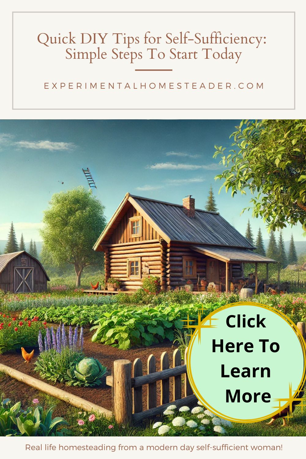 A serene rural homestead featuring a cozy wooden cabin, lush vegetable gardens, a chicken coop, and grazing goats under a clear blue sky, symbolizing self-sufficiency and sustainable living.