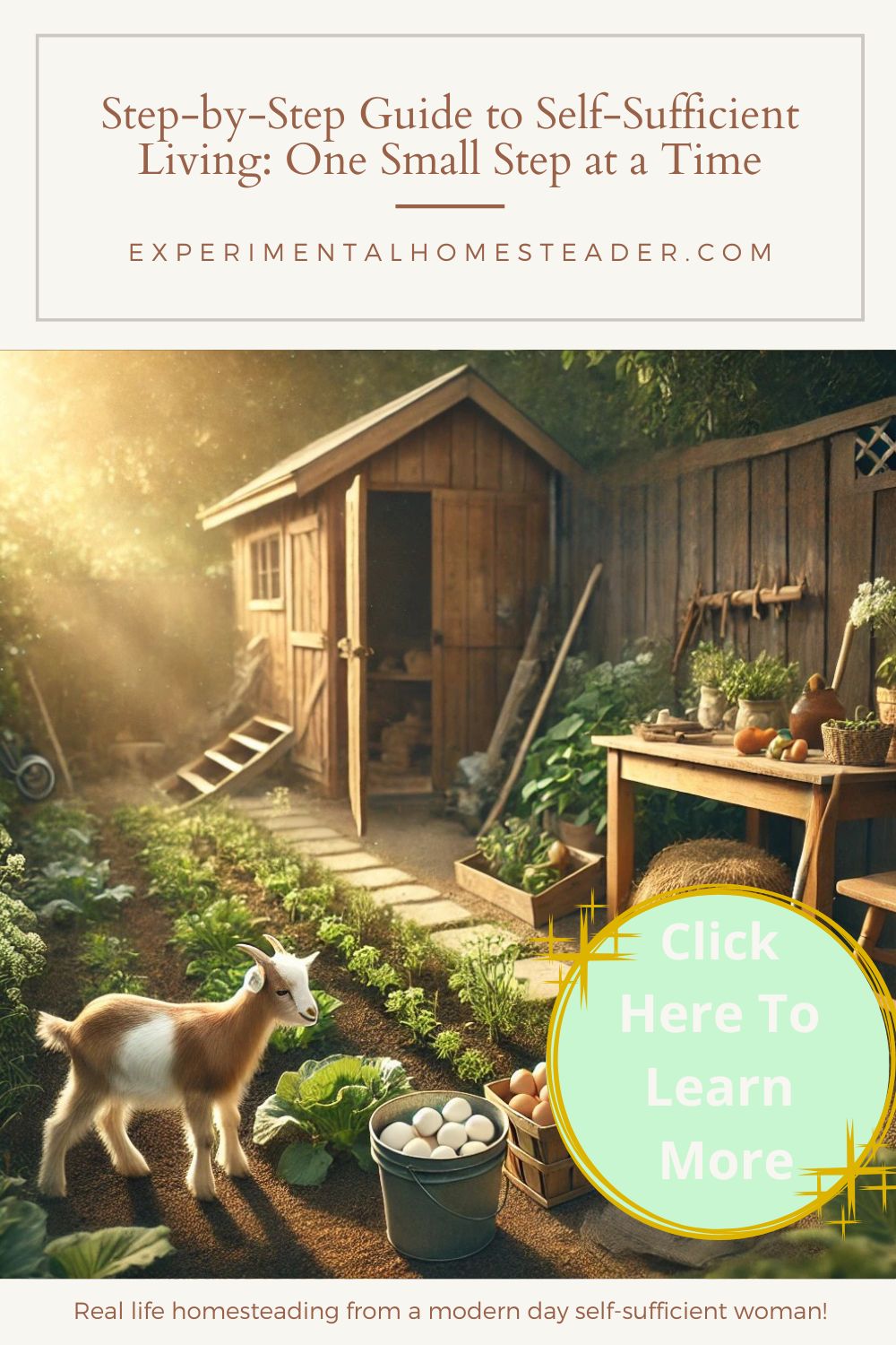 A homestead garden with a small raised bed of thriving vegetables, a wooden coop with chickens nearby, and a rustic fence in the background. Gardening tools and a watering can sit in the foreground.