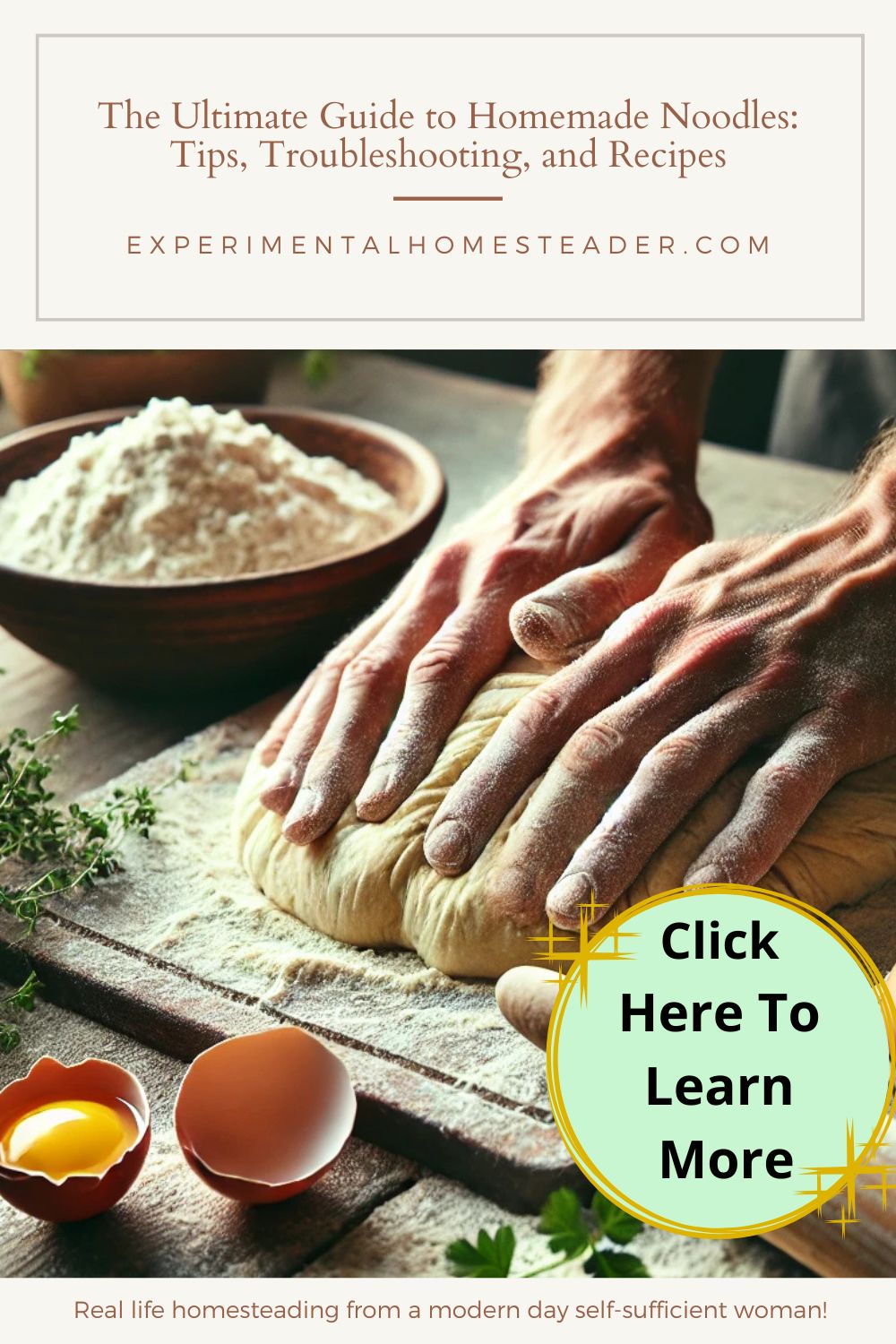 Hands kneading dough on a floured wooden surface, evoking the craft and care of homesteading.