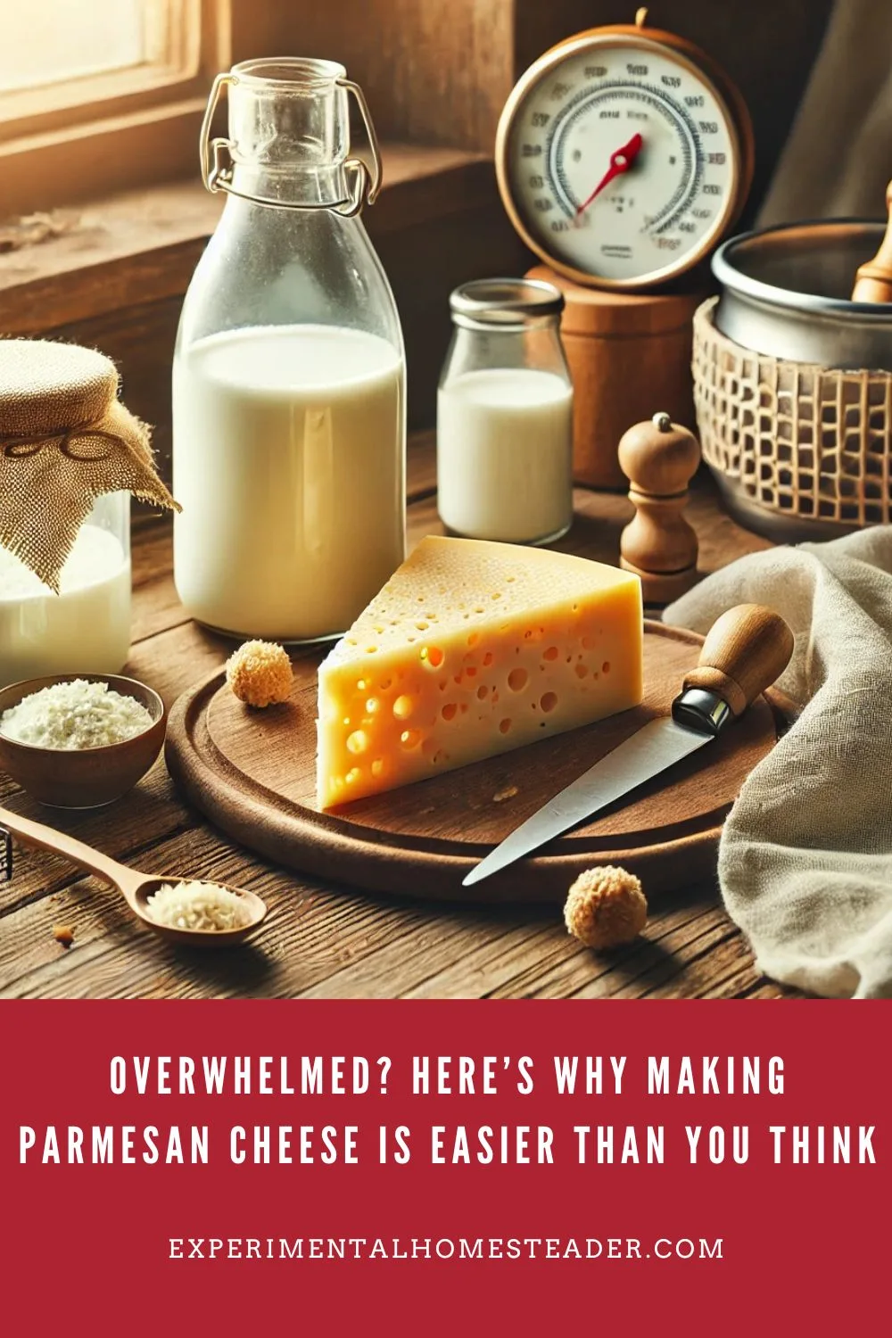 A wooden countertop displaying tools and ingredients for making Parmesan cheese, including a pot, cheesecloth, milk, and salt. The image captures a simple and approachable cheese-making setup. 