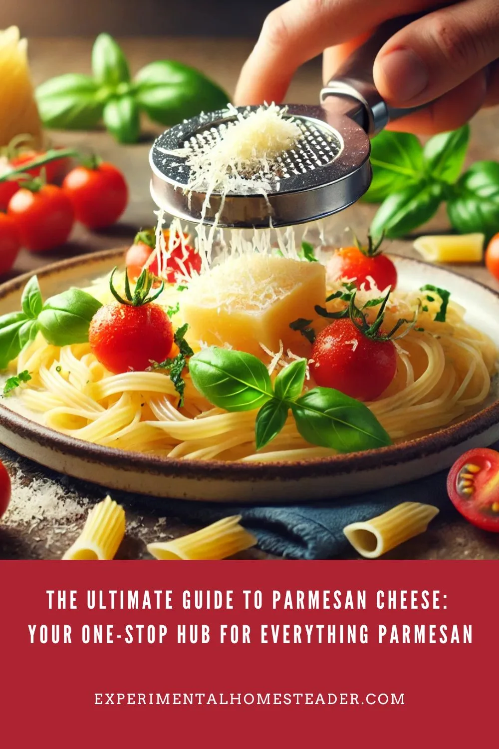 A close-up of Parmesan cheese being grated over a plate of pasta, surrounded by vibrant cherry tomatoes and fresh basil leaves on a rustic kitchen table.