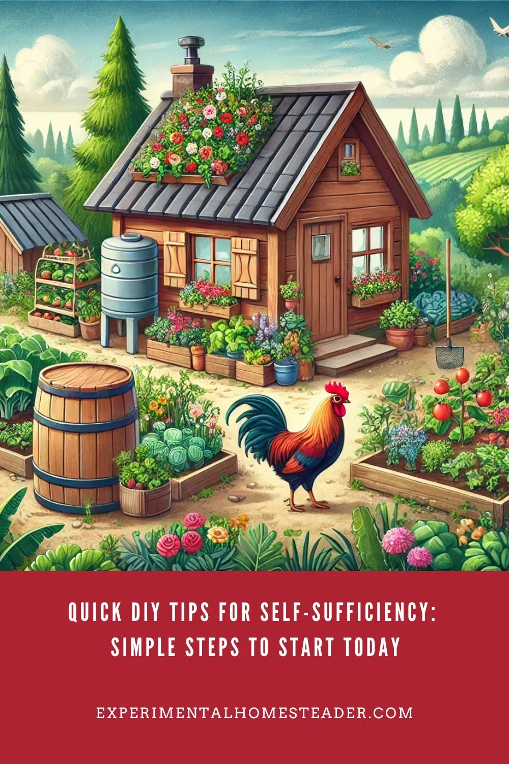 A cozy wooden house surrounded by a vibrant garden filled with vegetables, herbs, and flowers. A chicken roams the yard, with a rainwater collection barrel and a compost pile nearby, highlighting self-sufficient practices.