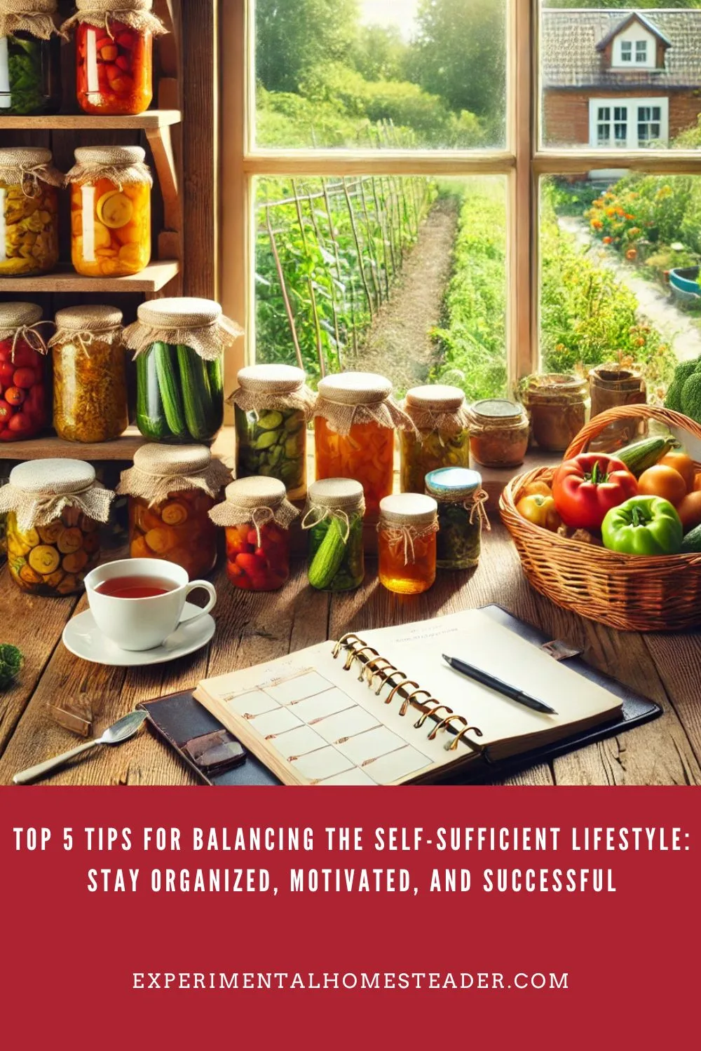 A sunny homesteading kitchen with jars of homemade preserves displayed on open wooden shelves, fresh produce in a woven basket on a farmhouse table, and a planner with a pen alongside a cup of tea. Outside the window, rows of vegetables grow in a vibrant garden, symbolizing the joy and organization of self-sufficient living.