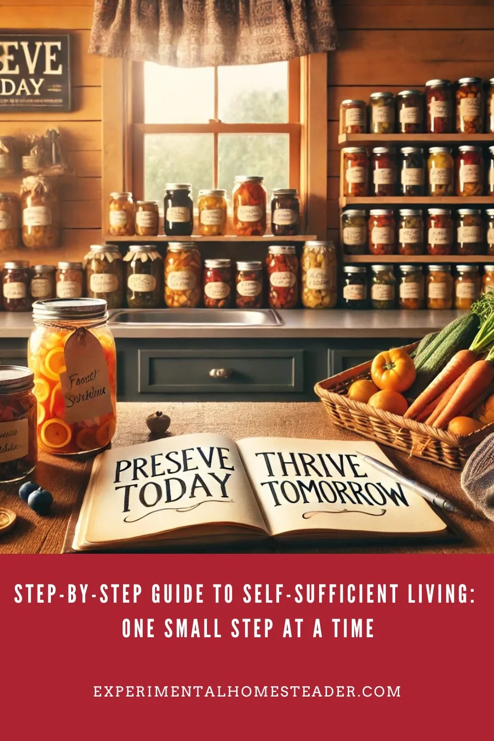 A rustic kitchen counter with jars of canned fruits and vegetables, a basket of fresh produce, and an open notebook with handwritten canning notes. Wooden shelves with more preserved goods are in the background, and the text overlay reads, "Preserve Today, Thrive Tomorrow."