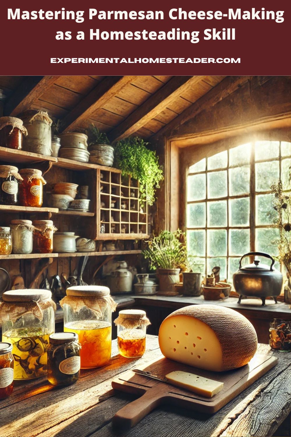 A warm, rustic homestead kitchen with sunlight streaming through large windows. The scene features jars of homemade preserves on wooden shelves, a loaf of sourdough bread cooling on the counter, and a wheel of Parmesan cheese aging on a wooden board. Herbs hang from the rafters, creating a cozy and inviting atmosphere.