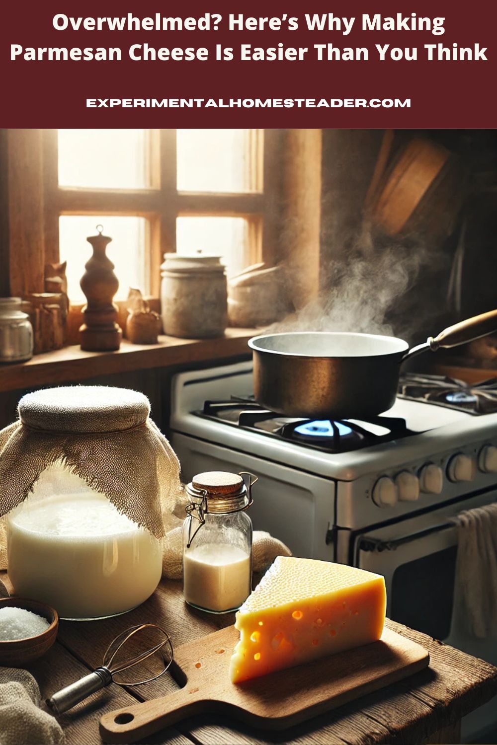 A homesteading kitchen scene with a pot of milk on a stove, a wedge of Parmesan cheese, cheesecloth, and a small bowl of salt on a wooden countertop. Natural light streams through a nearby window.