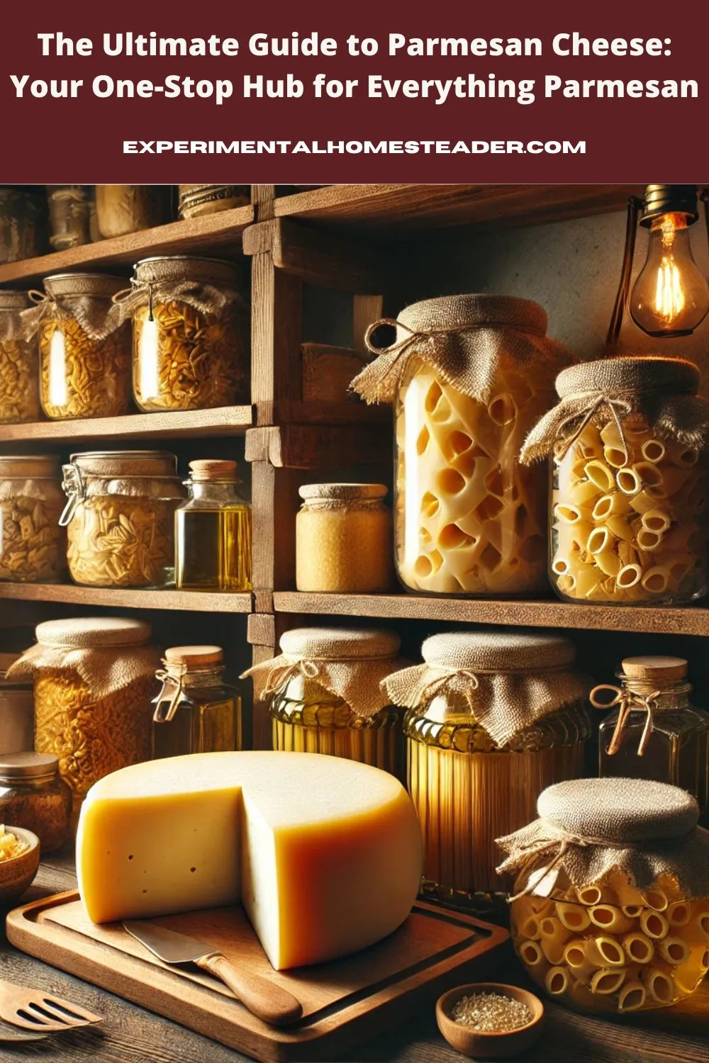 A rustic pantry shelf stocked with Parmesan cheese wheels, jars of olive oil, and bundles of dried pasta, illuminated by warm, inviting lighting, creating a homesteading vibe.