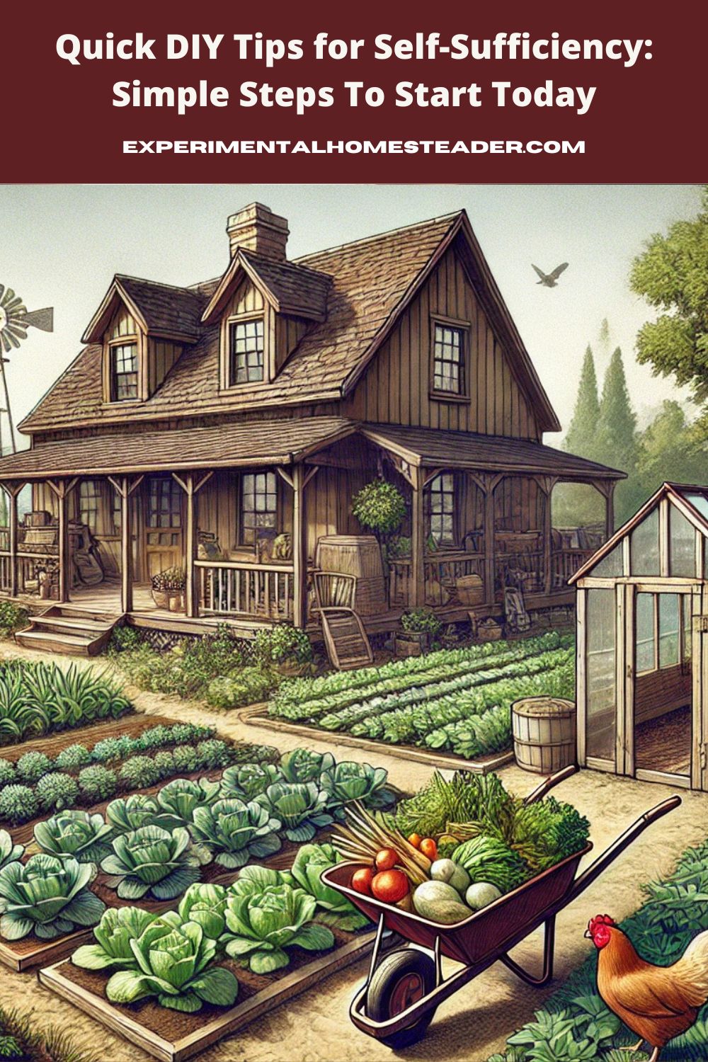 A peaceful homestead with a log cabin surrounded by a vegetable garden, colorful flowers, a rustic wooden fence, and free-ranging chickens under a sunny sky. 