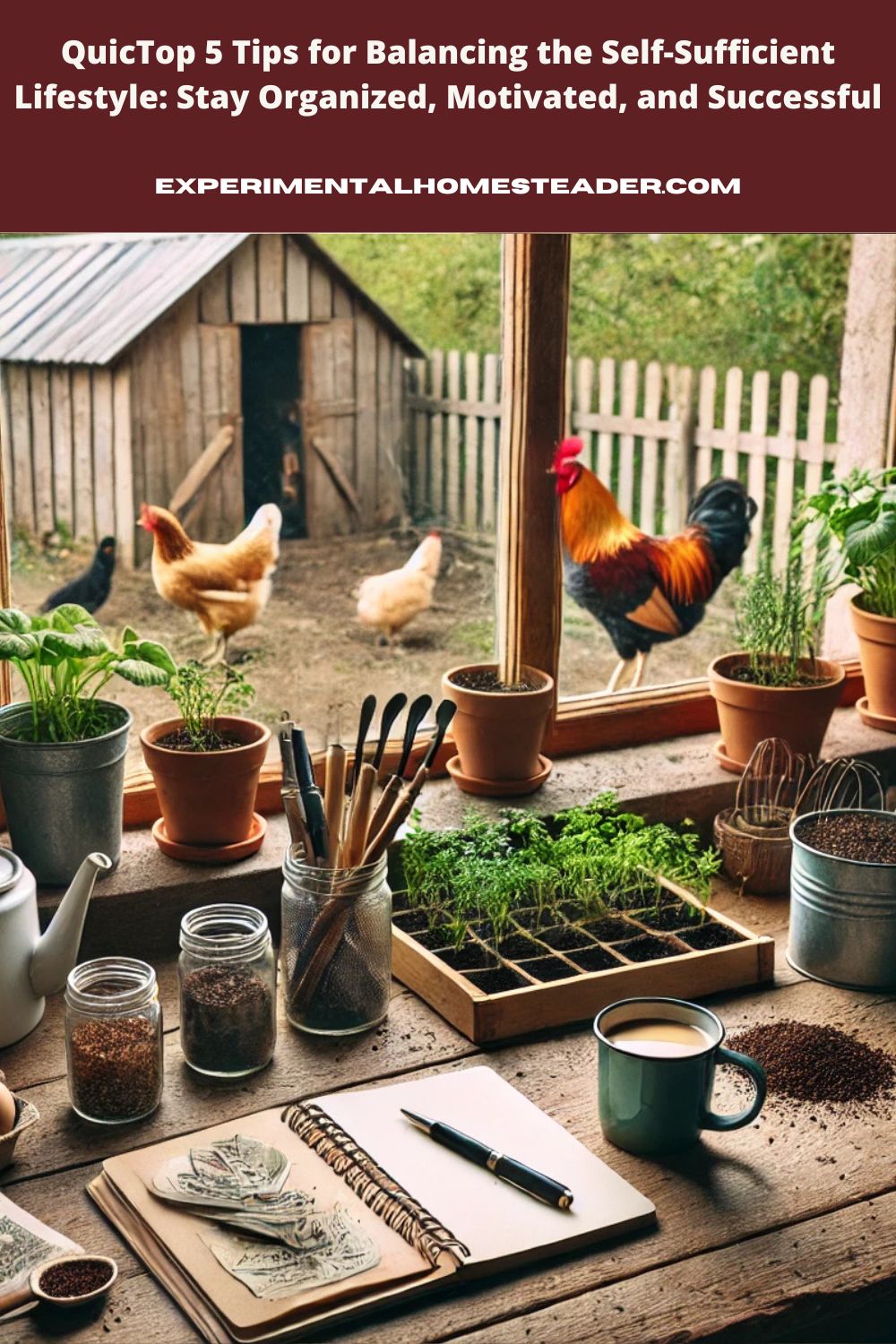 A peaceful homesteading workspace with a wooden desk showcasing gardening tools, seed packets, a notebook, and a steaming cup of coffee. Through the window, chickens roam freely outside, while potted herbs sit on the windowsill, embodying productivity and calm in a self-sufficient lifestyle.