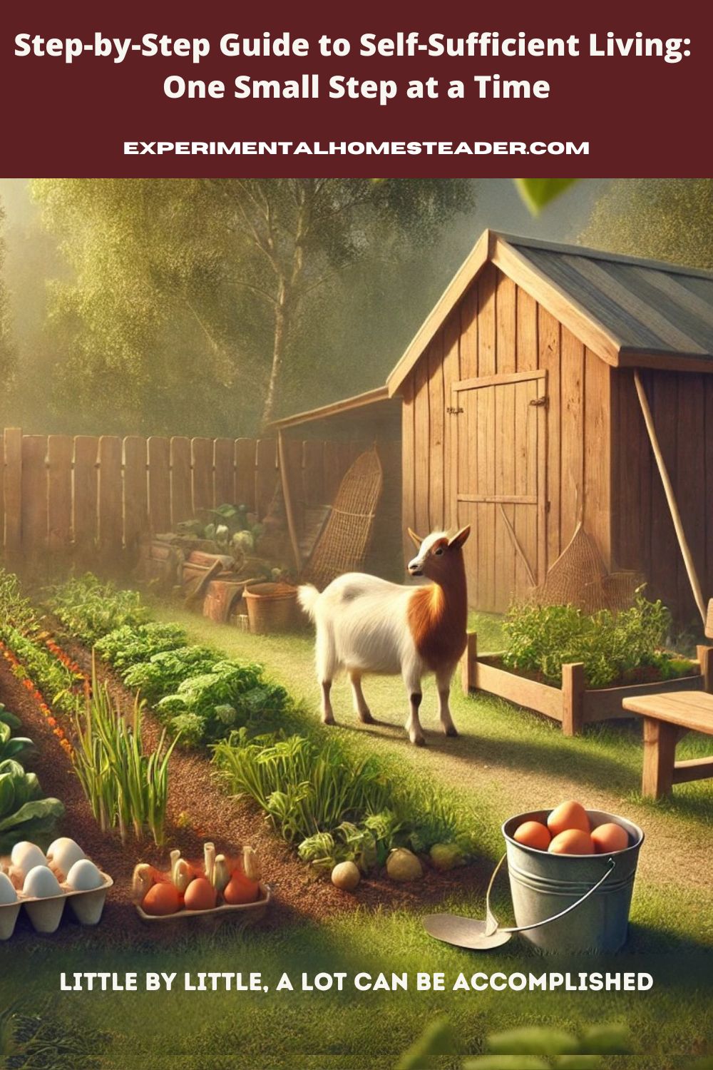 A peaceful backyard homestead featuring a small goat grazing near a wooden shed, a row of vegetable plants, and a bucket of fresh eggs. A simple bench and rustic fence complete the scene, with warm sunlight creating a cozy atmosphere. The text overlay reads, "Little By Little, A Lot Can Be Accomplished." 