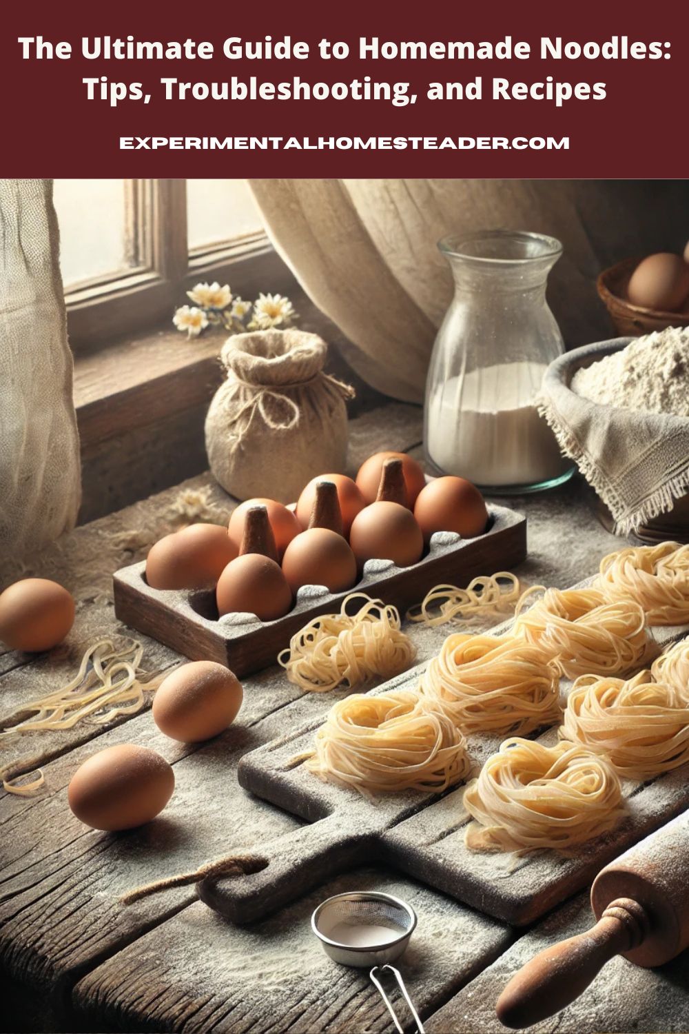 A rustic kitchen setting with fresh homemade noodles drying on a rack, surrounded by classic ingredients.