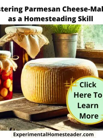 A homestead kitchen featuring a rustic wooden counter with a wheel of Parmesan cheese aging beside a loaf of sourdough bread and jars of preserved fruits. Herbs hang above, and sunlight streams through an old-fashioned window, highlighting the cozy, handmade feel of the space.