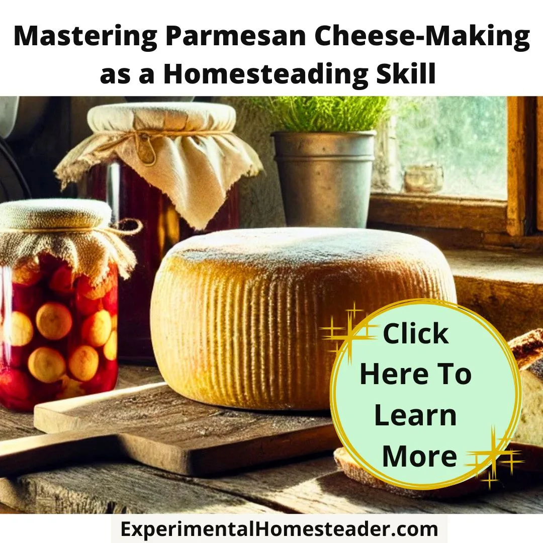 A homestead kitchen featuring a rustic wooden counter with a wheel of Parmesan cheese aging beside a loaf of sourdough bread and jars of preserved fruits. Herbs hang above, and sunlight streams through an old-fashioned window, highlighting the cozy, handmade feel of the space.