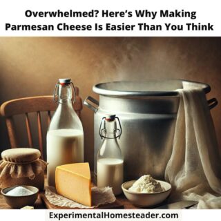 A wedge of Parmesan cheese resting on a wooden cutting board next to a cheese grater and a small bowl of grated Parmesan. The cozy, rustic setting evokes a homesteading vibe.