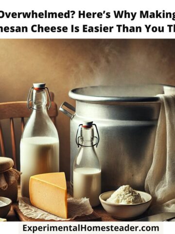 A wedge of Parmesan cheese resting on a wooden cutting board next to a cheese grater and a small bowl of grated Parmesan. The cozy, rustic setting evokes a homesteading vibe.