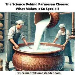 A traditional Parmesan cheese-making scene showing fresh milk being poured into a large copper vat by a cheesemaker, surrounded by rustic wooden tools and a warm artisanal atmosphere.