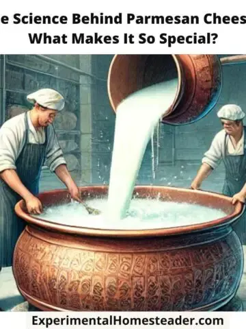 A traditional Parmesan cheese-making scene showing fresh milk being poured into a large copper vat by a cheesemaker, surrounded by rustic wooden tools and a warm artisanal atmosphere.