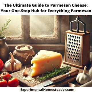 A cozy farmhouse kitchen featuring a wedge of Parmesan cheese on a wooden cutting board, surrounded by a cheese grater, fresh tomatoes, garlic, and rosemary, with sunlight streaming through a rustic window in the background.